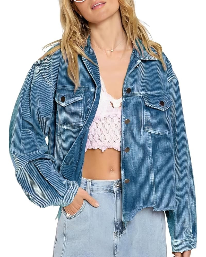 Womens Cropped Corduroy Jacket Casual Button Down Shacket Coat Fringe with Frayed Hem Blue $20.25 Jackets