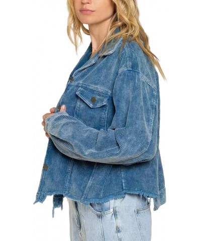 Womens Cropped Corduroy Jacket Casual Button Down Shacket Coat Fringe with Frayed Hem Blue $20.25 Jackets