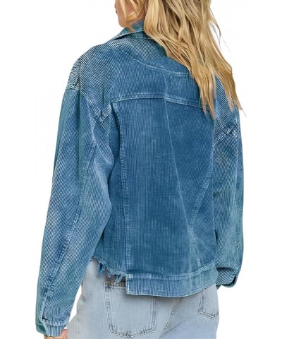 Womens Cropped Corduroy Jacket Casual Button Down Shacket Coat Fringe with Frayed Hem Blue $20.25 Jackets