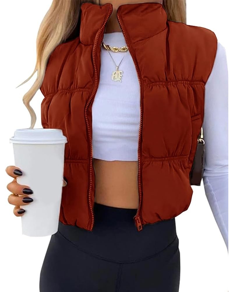 Womens Cropped Puffer Vest Zip Up Winter Stand Collar Lightweight Sleeveless Padded Gilet Waistcoat with Pocket Red $16.20 Vests