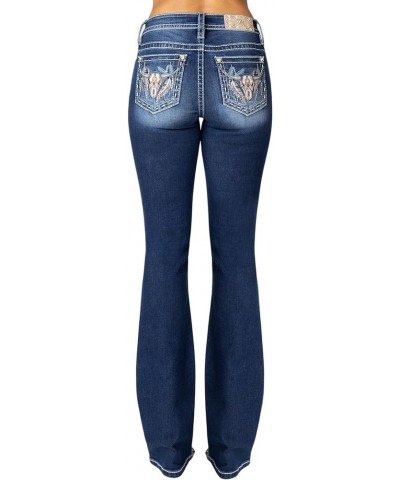 Women's Mid-Rise Hanging Feather Longhorn Skull Embellished Pockets Bootcut Jeans Dark Blue $49.35 Jeans