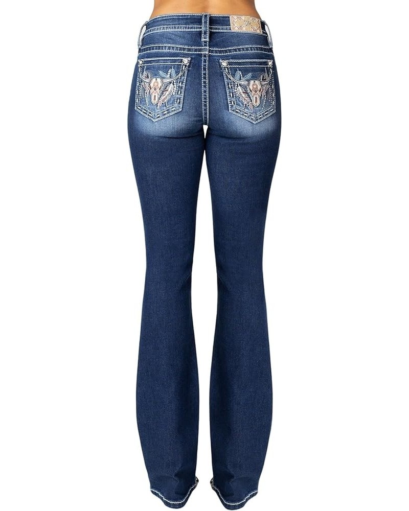 Women's Mid-Rise Hanging Feather Longhorn Skull Embellished Pockets Bootcut Jeans Dark Blue $49.35 Jeans