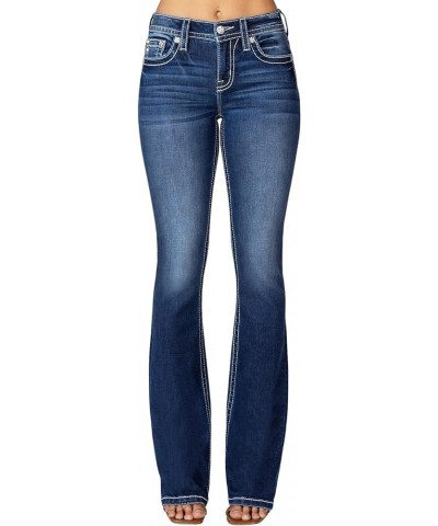 Women's Mid-Rise Hanging Feather Longhorn Skull Embellished Pockets Bootcut Jeans Dark Blue $49.35 Jeans