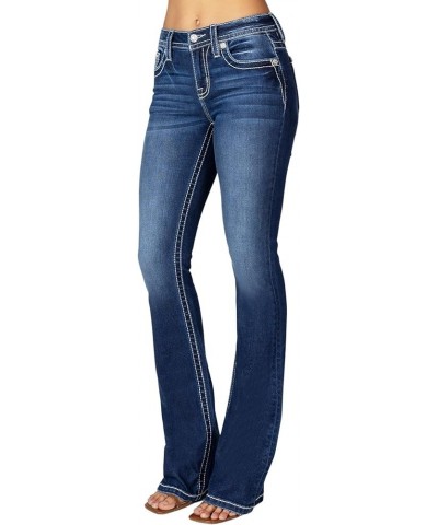 Women's Mid-Rise Hanging Feather Longhorn Skull Embellished Pockets Bootcut Jeans Dark Blue $49.35 Jeans