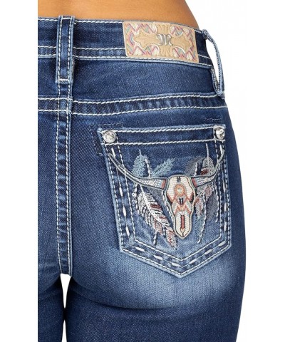 Women's Mid-Rise Hanging Feather Longhorn Skull Embellished Pockets Bootcut Jeans Dark Blue $49.35 Jeans