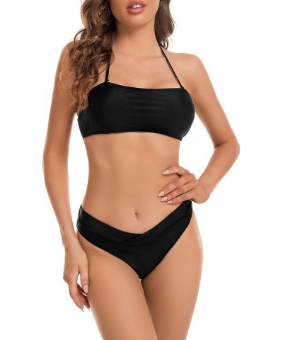 Women's Bikini Swimsuits Cheeky V Cut Bikini Bottom Women's 2 Piece Bandeau Tie Halter Bikini Set Black $11.39 Swimsuits