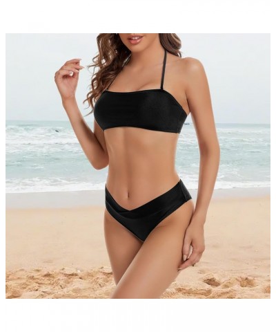 Women's Bikini Swimsuits Cheeky V Cut Bikini Bottom Women's 2 Piece Bandeau Tie Halter Bikini Set Black $11.39 Swimsuits