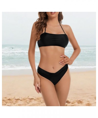 Women's Bikini Swimsuits Cheeky V Cut Bikini Bottom Women's 2 Piece Bandeau Tie Halter Bikini Set Black $11.39 Swimsuits