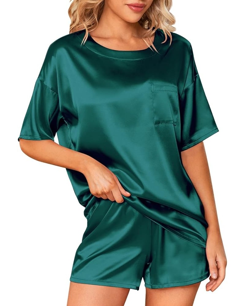 Silk Pajamas Set Women Satin Sleepwear 2 Piece PJs Casual Top and Shorts Set Dark Green $9.94 Sleep & Lounge