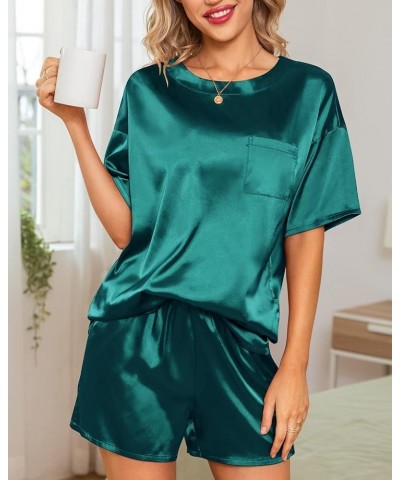 Silk Pajamas Set Women Satin Sleepwear 2 Piece PJs Casual Top and Shorts Set Dark Green $9.94 Sleep & Lounge