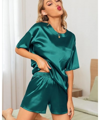 Silk Pajamas Set Women Satin Sleepwear 2 Piece PJs Casual Top and Shorts Set Dark Green $9.94 Sleep & Lounge