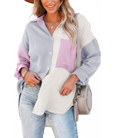 Women's Oversized Color Block Button Down Shirt Drop Long Sleeve Shirt Blouse Grey $17.39 Blouses