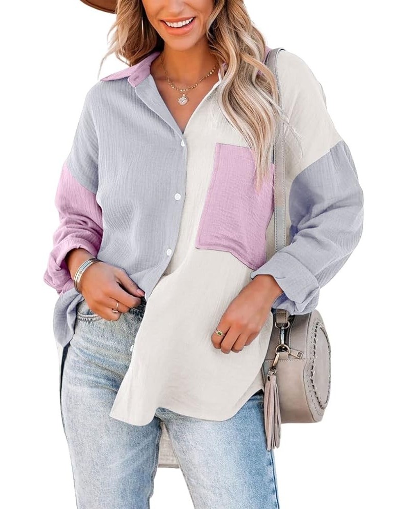 Women's Oversized Color Block Button Down Shirt Drop Long Sleeve Shirt Blouse Grey $17.39 Blouses