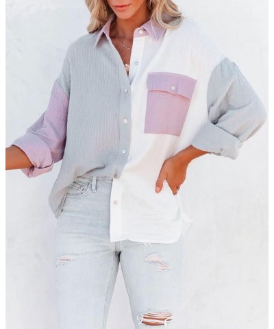 Women's Oversized Color Block Button Down Shirt Drop Long Sleeve Shirt Blouse Grey $17.39 Blouses