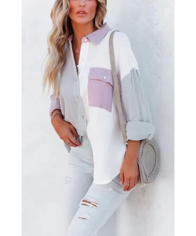 Women's Oversized Color Block Button Down Shirt Drop Long Sleeve Shirt Blouse Grey $17.39 Blouses