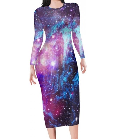 Cute Women's Sexy Bodycon Fitted Dress Long Sleeve Round Neck Work Office Midi Pencil Dress Purple Galaxy $14.70 Dresses