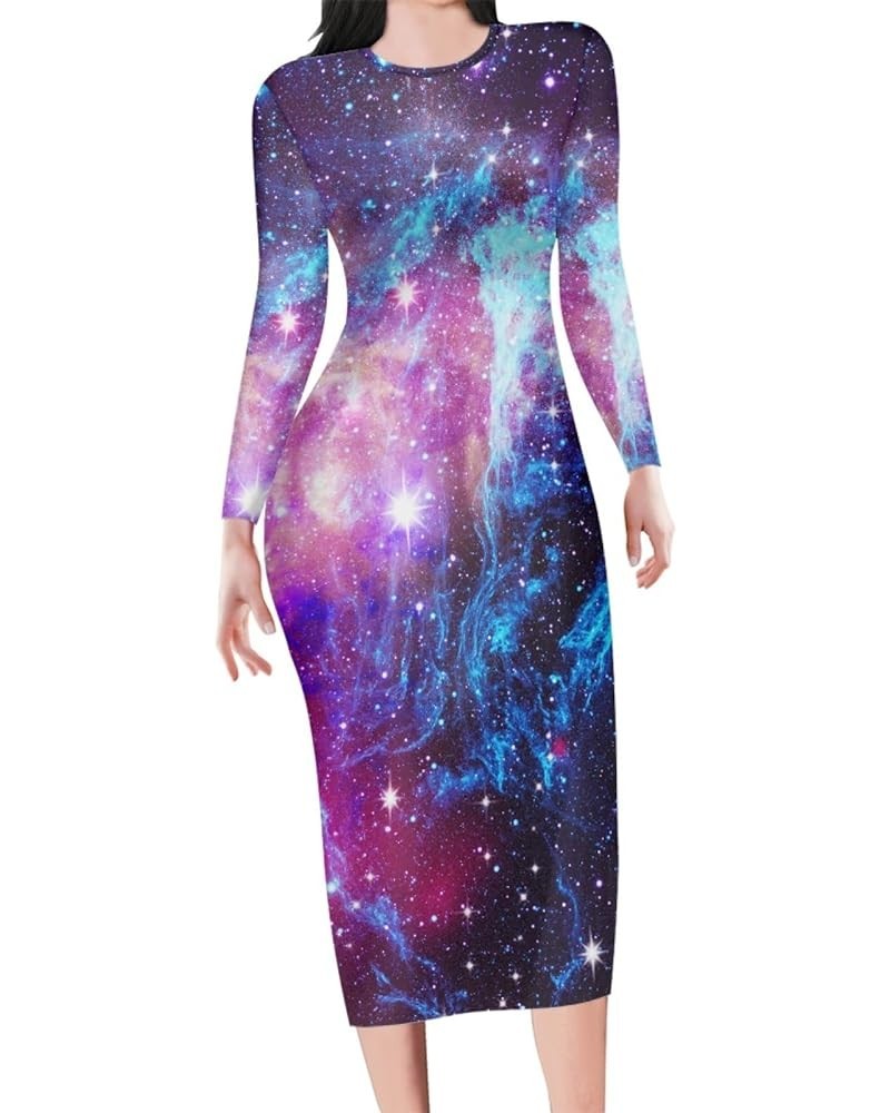 Cute Women's Sexy Bodycon Fitted Dress Long Sleeve Round Neck Work Office Midi Pencil Dress Purple Galaxy $14.70 Dresses