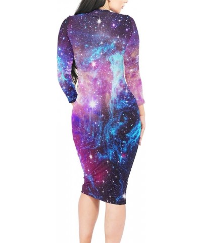 Cute Women's Sexy Bodycon Fitted Dress Long Sleeve Round Neck Work Office Midi Pencil Dress Purple Galaxy $14.70 Dresses