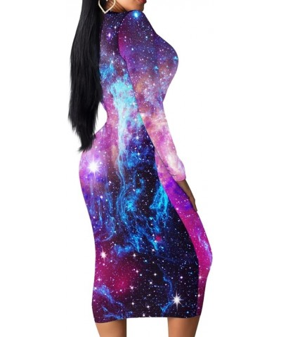 Cute Women's Sexy Bodycon Fitted Dress Long Sleeve Round Neck Work Office Midi Pencil Dress Purple Galaxy $14.70 Dresses