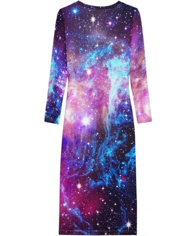 Cute Women's Sexy Bodycon Fitted Dress Long Sleeve Round Neck Work Office Midi Pencil Dress Purple Galaxy $14.70 Dresses