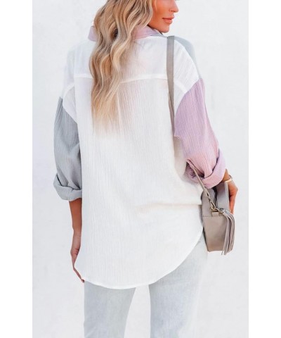 Women's Oversized Color Block Button Down Shirt Drop Long Sleeve Shirt Blouse Grey $17.39 Blouses