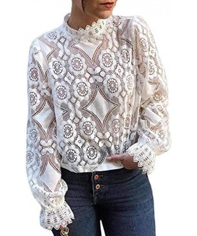 Womens Dressy Casual Long Sleeve Lace Tops, Sheer Mock Neck Business Casual Tops,Going Out Tops for Girls White $12.31 Blouses