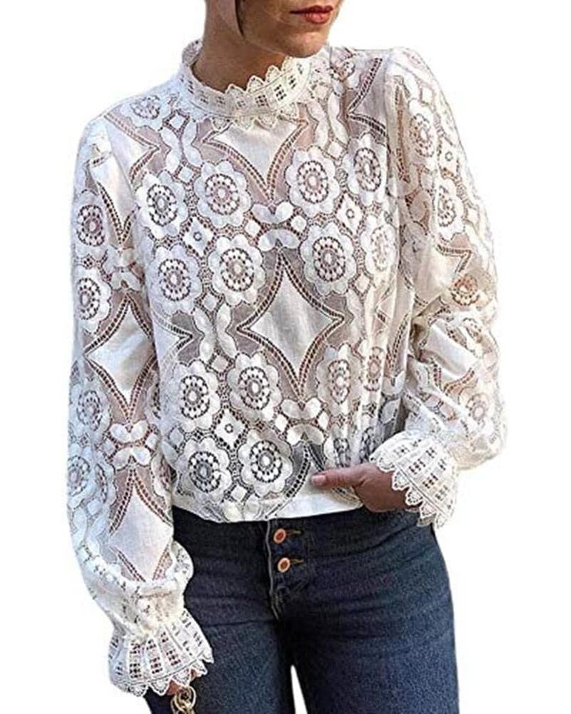 Womens Dressy Casual Long Sleeve Lace Tops, Sheer Mock Neck Business Casual Tops,Going Out Tops for Girls White $12.31 Blouses