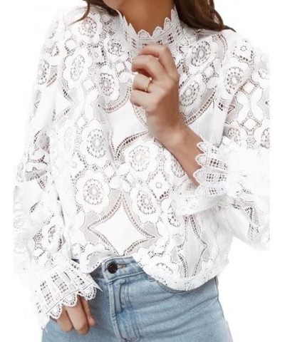 Womens Dressy Casual Long Sleeve Lace Tops, Sheer Mock Neck Business Casual Tops,Going Out Tops for Girls White $12.31 Blouses