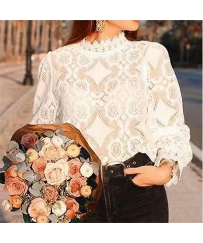 Womens Dressy Casual Long Sleeve Lace Tops, Sheer Mock Neck Business Casual Tops,Going Out Tops for Girls White $12.31 Blouses