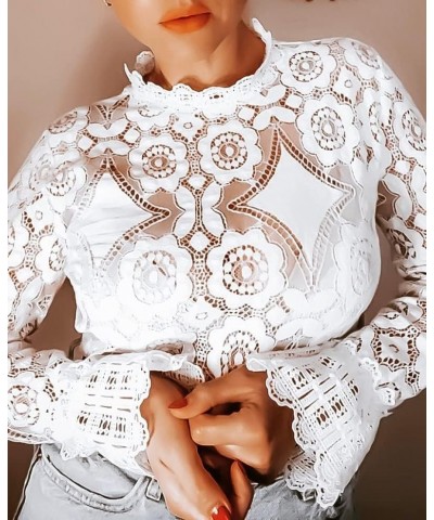 Womens Dressy Casual Long Sleeve Lace Tops, Sheer Mock Neck Business Casual Tops,Going Out Tops for Girls White $12.31 Blouses