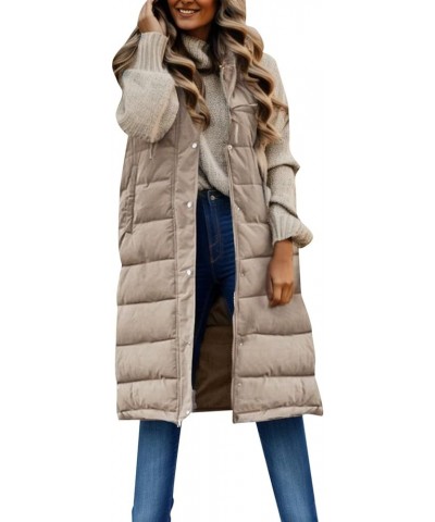 Womens Long Down Puffer Vest with Hood Winter Quilted Hooded Long Vest Plus Size Warm Sleeveless Jacket Vest Winter Za- Beige...