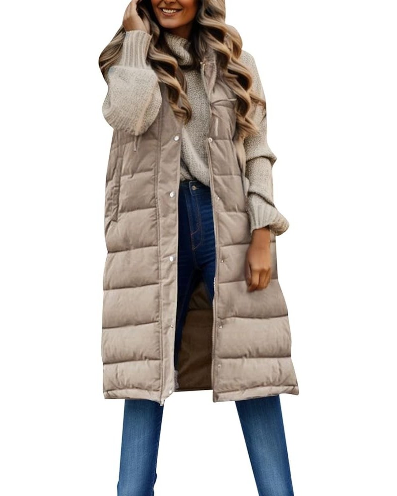 Womens Long Down Puffer Vest with Hood Winter Quilted Hooded Long Vest Plus Size Warm Sleeveless Jacket Vest Winter Za- Beige...