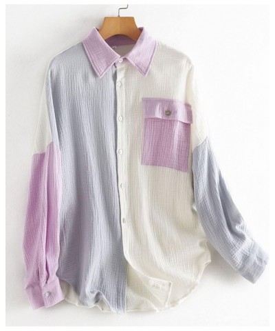 Women's Oversized Color Block Button Down Shirt Drop Long Sleeve Shirt Blouse Grey $17.39 Blouses