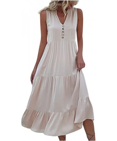 Travel Fitted Tunic Dress Womens Pleated Comfort Solid Evening Dress Tunic Thin Spring V Neck Sleeveless 01-beige $13.94 Dresses