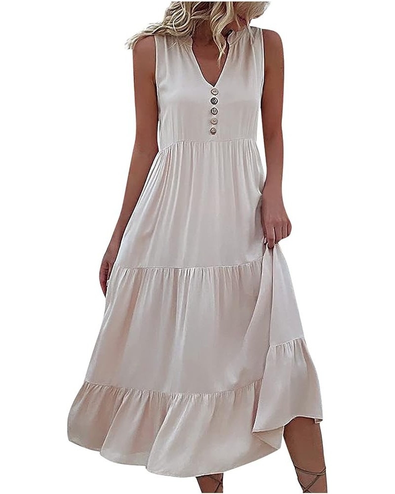 Travel Fitted Tunic Dress Womens Pleated Comfort Solid Evening Dress Tunic Thin Spring V Neck Sleeveless 01-beige $13.94 Dresses