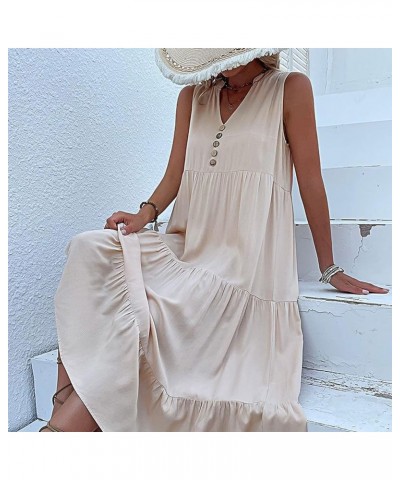 Travel Fitted Tunic Dress Womens Pleated Comfort Solid Evening Dress Tunic Thin Spring V Neck Sleeveless 01-beige $13.94 Dresses