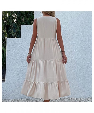 Travel Fitted Tunic Dress Womens Pleated Comfort Solid Evening Dress Tunic Thin Spring V Neck Sleeveless 01-beige $13.94 Dresses