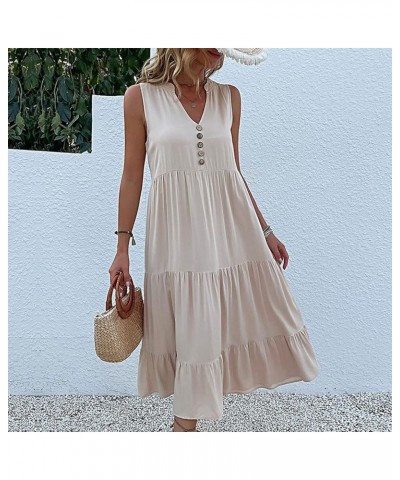 Travel Fitted Tunic Dress Womens Pleated Comfort Solid Evening Dress Tunic Thin Spring V Neck Sleeveless 01-beige $13.94 Dresses