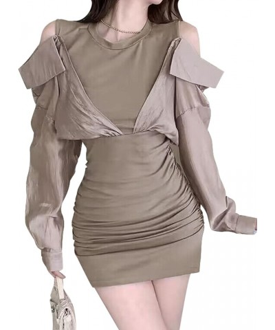 Women Sexy Wrap Dress Long Sleeve Ruched Mini Dress with Fake Coat Khaki $10.07 Dresses