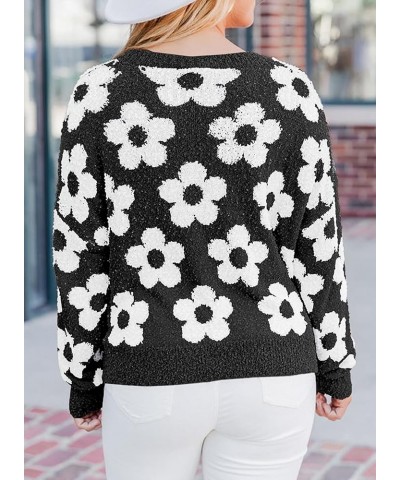 Flowers Sweater Ivory Flora Crewneck Cute Casual Long Sleeve Fall Winter Knitted Pullover Tops Black $16.16 Sweaters