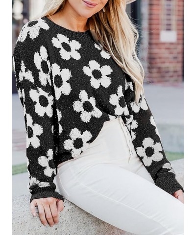 Flowers Sweater Ivory Flora Crewneck Cute Casual Long Sleeve Fall Winter Knitted Pullover Tops Black $16.16 Sweaters