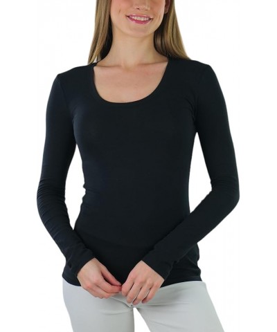 Junior Women's Slim Fit Long Sleeve Shirt Scoop Neckline Basic Tee Layering Cotton Top Classic Black $8.98 T-Shirts