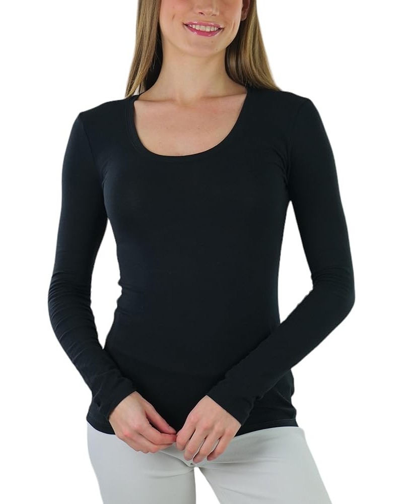 Junior Women's Slim Fit Long Sleeve Shirt Scoop Neckline Basic Tee Layering Cotton Top Classic Black $8.98 T-Shirts