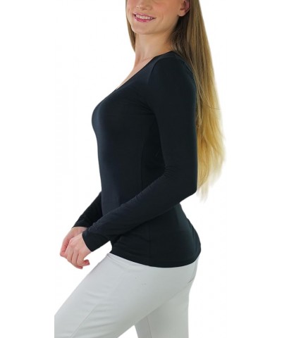 Junior Women's Slim Fit Long Sleeve Shirt Scoop Neckline Basic Tee Layering Cotton Top Classic Black $8.98 T-Shirts