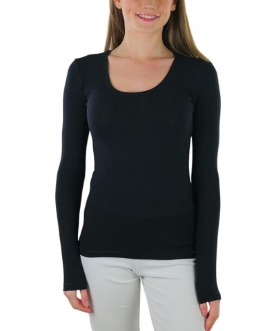 Junior Women's Slim Fit Long Sleeve Shirt Scoop Neckline Basic Tee Layering Cotton Top Classic Black $8.98 T-Shirts