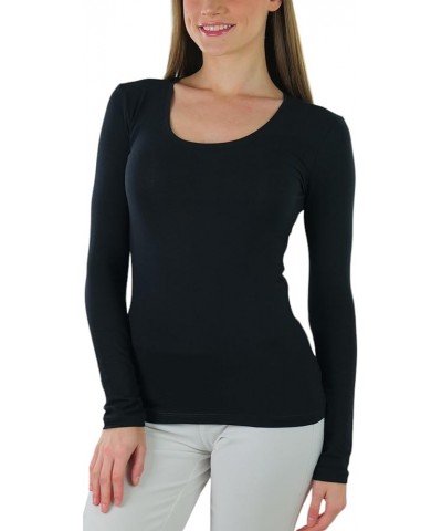 Junior Women's Slim Fit Long Sleeve Shirt Scoop Neckline Basic Tee Layering Cotton Top Classic Black $8.98 T-Shirts