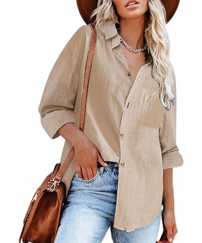 Cotton Button Down Shirts for Women Casual Loose Linen Long Sleeve Blouses Work Tunic Top Khaki $11.79 Blouses