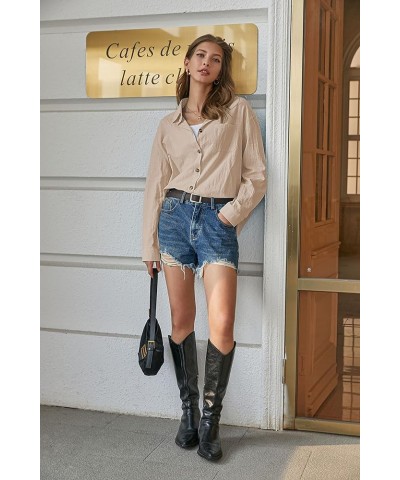 Cotton Button Down Shirts for Women Casual Loose Linen Long Sleeve Blouses Work Tunic Top Khaki $11.79 Blouses