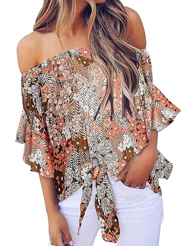 Off The Shoulder Tops Women Summer 3/4 Bell Sleeve Tie Knot Boho Shirt Blouses Z-brown Floral $18.11 Blouses