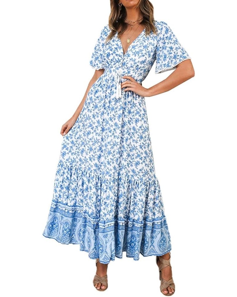 Womens Summer Cotton Short Sleeve V Neck Floral Print Casual Bohemian Midi Dresses White $14.87 Dresses